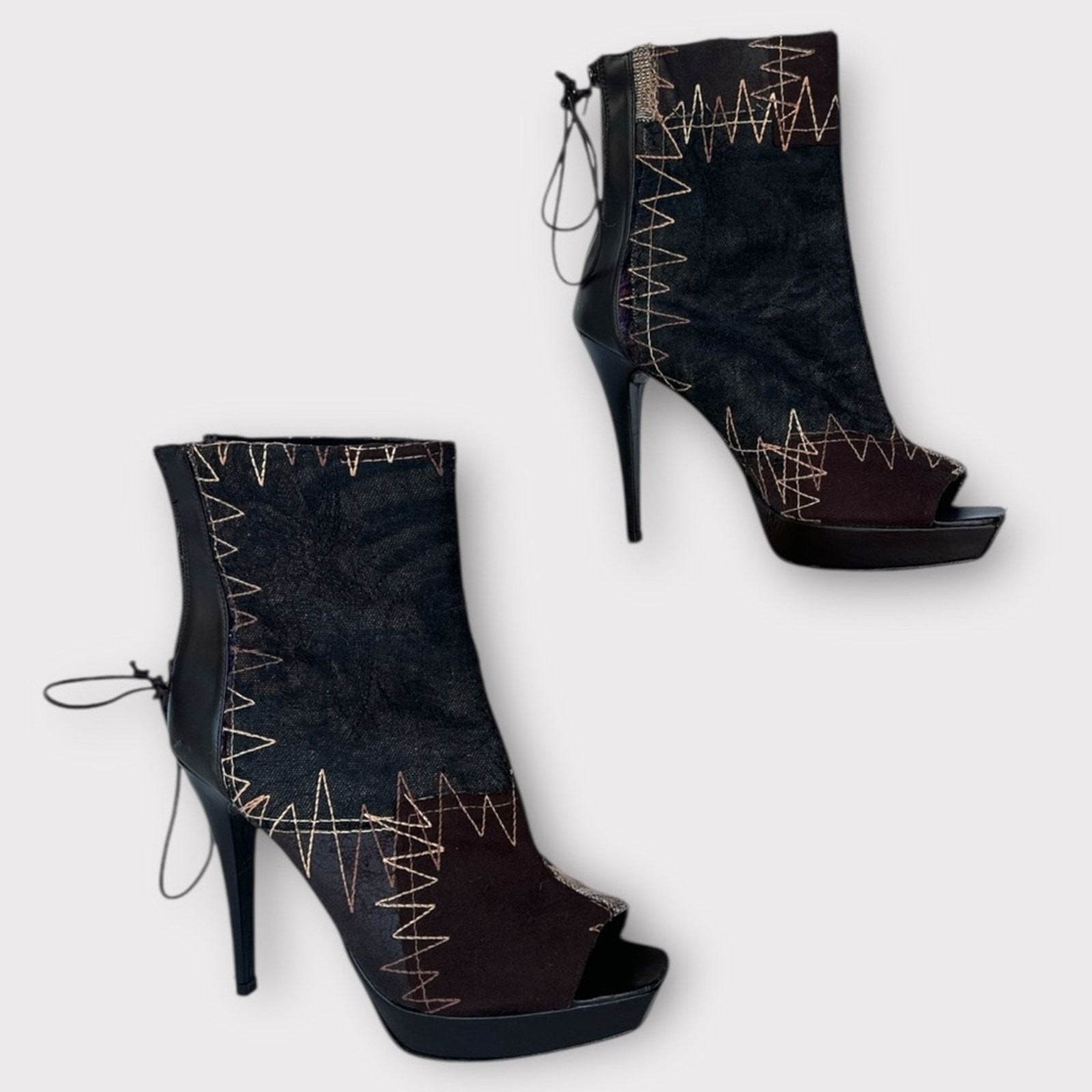 Pilar Burgos Patchwork Peep Toe Ankle Boots Black Brown Stiletto Platform 40